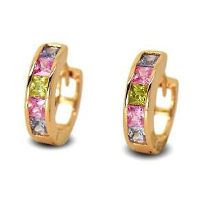 yzWG[EANZT[ }`J[NX^X[t[vCOS[h18ct oro riempito da donna piccolo orecchini a cerchio con multi colore cristalli cz 18k