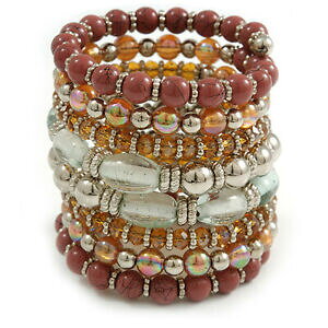 【送料無料】ジュエリー・アクセサリー セラミックスパイラルアクリルガラスパールブレスレットコーヒートプリウムライトシルバーampia a spirale in ceramica, vetro acrilico, bracciale di perle caffe, luce