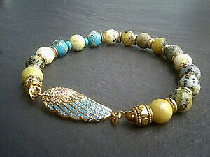 yzWG[EANZT[ Yi`r[YGWFEBOuXbgwomens mens natural 8mm gemstone beads braccialetto elastico spianato angel wing uk