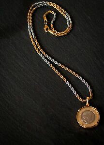yzWG[EANZT[ |hy_glbNXg[`F[cerchiato una sterlina moneta ciondolo collana, due toni non preziose catena