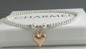 yzWG[EANZT[ Vo[X^[OXgb`{[ANbg[YS[hn[gTCYbLargento sterling stretch ball perlina cavigliera placcata in oro rosa cuore tutte