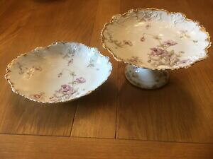 yzLb`piEHEE@×AeB[N[WtX{[AP[LX^hƃT[rOfBbV2 x ANTIQUE LIMOGES FRANCE BONE CHINA, CAKE STAND AND SERVING DIS