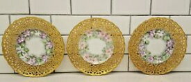 【送料無料】キッチン用品・食器・調理器具・陶器　ヴィンテージ手塗装マイセン網状セラミック装飾プレートギルト3 Vintage Hand Painted Meissen Reticulated Ceramic Decorative Plates Gilt