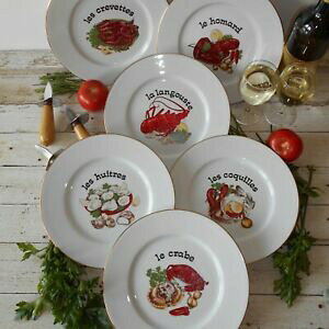 yzLb`piEHEE@̃tX̃[W̃V[t[hv[gB~bhZ`[Lv[gZbgBSix French Limoges Porcelain Seafood Plates. Mid Centur