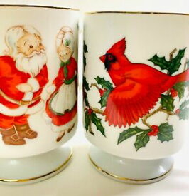 【送料無料】キッチン用品・食器・調理器具・陶器　レフトン磁器クリスマスマグカップレッドカーディナル氏ミスサンタクロースホリー2 Lefton Porcelain Christmas Mugs Cups Red Cardinal Mr &amp; Ms Santa Clause Holly