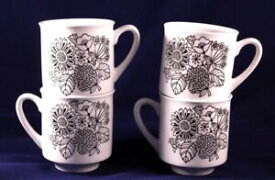 【送料無料】キッチン用品・食器・調理器具・陶器　ヴィンテージグリンドリーイングランドオフホワイトブラックフローラルティーコーヒーカップ各4 Vintage Grindley England Off White Black 1960s Floral Tea Coffee Cups 7oz Ea