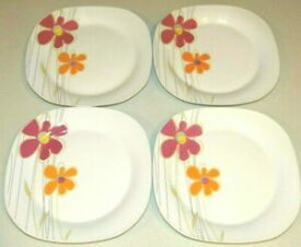 【送料無料】キッチン用品・食器・調理器具・陶器　気まぐれなピンクイエローフラワースクエアディナープレート中国製セットWhimsical Pink Yellow Flowers Square Dinner Plates Made in CHINA Set of 4