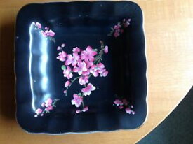 【送料無料】キッチン用品・食器・調理器具・陶器　スクエアプレートブラックと桜Square Plate Black With Cherry Blossom