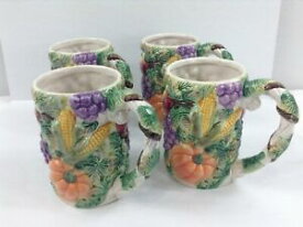 【送料無料】キッチン用品・食器・調理器具・陶器　フィッツフロイドコーヒーティーカップブドウカボチャの収穫手作りFitz Floyd Coffee Tea Cups Set of 4 Grapes Pumpkins Harvest 1993 Hand Crafted Vi