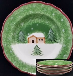 キッチン用品・食器・調理器具・陶器　セラーログキャビンホリデーリムスープボウル、ヴィンテージ、ミント(4) The Cellar LOG CABIN Holiday Rimmed Soup Bowls, Vintage 1998, Mint