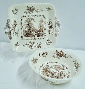 yzLb`piEHEE@C\Yg[uEEhxW^u{EXNGAP[Lv[gT[rOMason's Watteau Brown 9 Round Vegetable Bowl  Square Cake Plate 