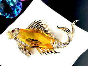 �y���������z�͌^�� ���f���J�[ �N���E���g���t�@���X�^�[�����O���F�����C���V�g�����K���X�u���[�`rare 591ms crown trifari sterling vermeil citrine glass fish bubble brooch