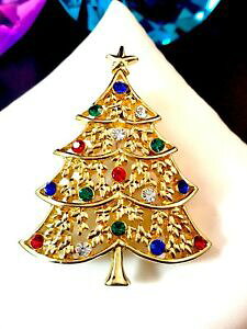 yz͌^ fJ[ Ghr[Tt@CACXg[zf[NX}Xc[u[`bright green emerald ruby sapphire rhinestone holiday christmas tree brooch