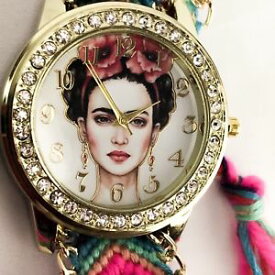 【送料無料】frida kahlo mexican artist art women watch gold bracelet handwoven jewerly pink