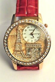 【送料無料】women watch gogoey 1892 gold tone rhinestone luxury eiffel tower red leather