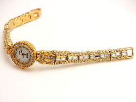 【送料無料】womens gold finish bagt rhinestones round case links analoge watch