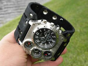 �y���������zbison leather dual time compass wristwatch biker bracelet men watch steam punk
