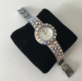 【送料無料】signed america 1990s silver tone aurora borealis rhinestones lady wrist watch