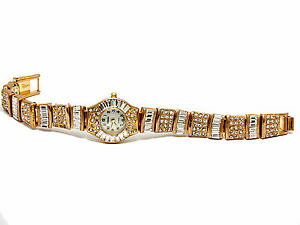 �y���������zmonduwomens full clear bagutte stones gold finish rnd case analog watch