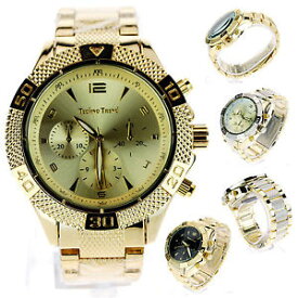 【送料無料】mens luxury heavy plated metal gold baller analog round quartz dress wrist watch