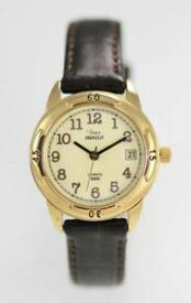 【送料無料】timex watch women stainless gold water re brown leather date light beige quartz