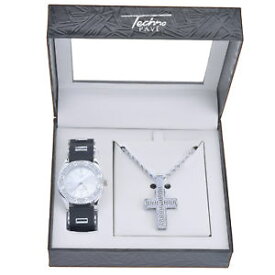 【送料無料】mens rapper iced bling silver plated watch cz cross pendant chain set wm 8840 s