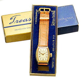 【送料無料】ingraham rectangular watch with orig leather strap amp; box vintage unused