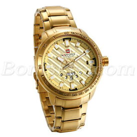 【送料無料】luxury mens gold tone stainless steel date business quartz analog wrist watch