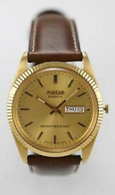 【送料無料】phasar watch men day date leather brown stainless gold steel water resist quartz