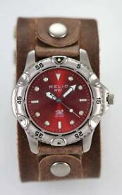 【送料無料】relic watch mens red stainless silver brown leather easy read 50m battery quartz