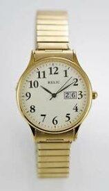 【送料無料】relic watch mens beige date stainless steel gold stretch water resistant quartz