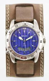 【送料無料】relic watch mens date alarm 24hr stainless silver brown leather 30m blue quartz