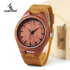 【送料無料】mens red sandal wood cool quartz wristwatch with leather strap