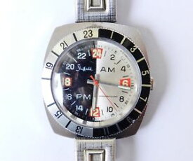 【送料無料】retro 1960s sheffield ampm 24 hour swiss wrist watch 42x48mm vintage working