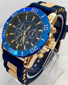 【送料無料】mens wrist watch luxury gold blue silicone strap spots classic designer smart uk
