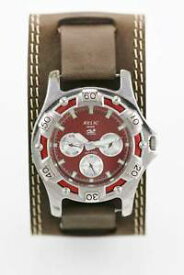 【送料無料】relic wet watch men red day date 24hr stainless silver 50m brown leather quartz