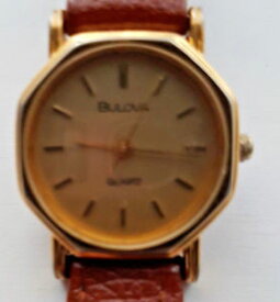 【送料無料】rare ladies bulova quartz wristwatch with brown calf grain strap used exc con