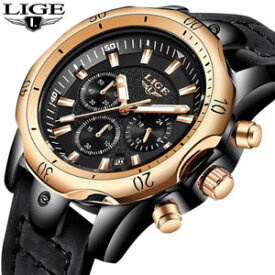 【送料無料】quartz watch men casual leather military waterproof sport wristwatch gold lige