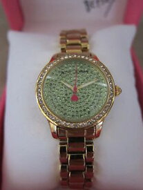 【送料無料】betsey johnson gold tone amp; green tiny time crystal embellished case watch nwb