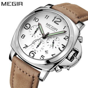 �y���������zmegir luxury quartz watches men sports leather chronograph silver gifts for him