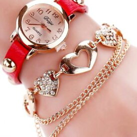 【送料無料】women fashion watches luxury rose gold heart red leather wristwatches bracelet