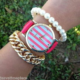 【送料無料】womens casual fashion pop dark pink sailor pattern cute round fancy wrist watch