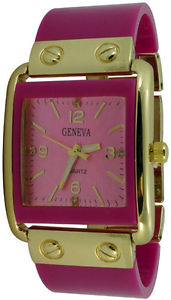 ladies geneva square acrylic bracelet fashion watch  hot pink