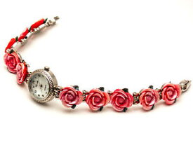 【送料無料】womens antique silver finish round case rose flowers links analog quartz watch