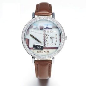 【送料無料】silver circular rhinestone alloy watch ladies brown leather wristwatches quartz