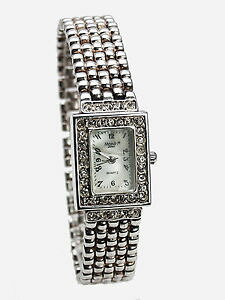 �y���������zmonduwomens silver finish rectanguler rhinestones case links analog watch