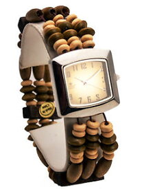 【送料無料】cannaswomens antique look wood streach beads links analog quartz square watch