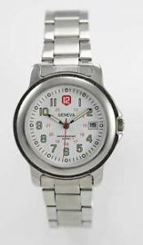 【送料無料】geneva mens silver white stainless steel date numbers lumibrite wr quartz watch