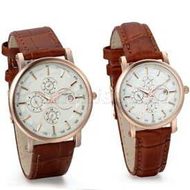 【送料無料】couples mens women simple brown leather strap quartz dress wrist watch with date