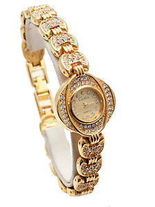 �y���������zcalin womens gold finish full rhinestones round case links analoge watch